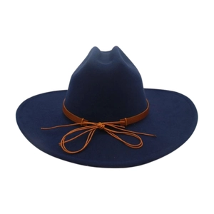 Detail of navy blue felt fedora hat featuring a brown leather decorative band and bow