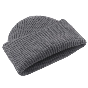 Dark grey knitted beanie hat with thick ribbed design for winter warmth and style