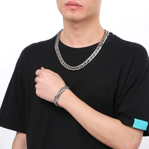 Hip hop stainless steel Cuban chain necklace and bracelet set for men in silver finish