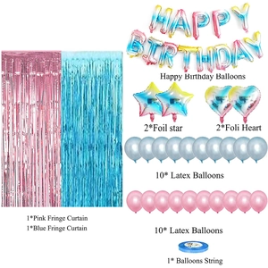 Detailed set list of rose gold birthday party decorations with balloons and curtains