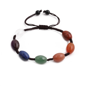 Handmade woven bracelet featuring seven oval natural chakra stones with adjustable cord