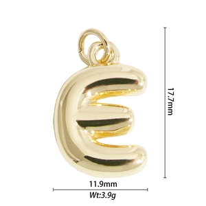 Detailed view of golden 3D letter E pendant with dimensions 17.7mm by 11.9mm