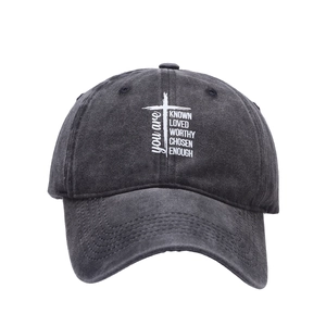 Washed vintage cotton baseball cap with cross design and inspirational motivational text