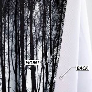 Front and back detail of high-shading window curtain with black and white tree forest pattern