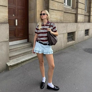 Minifalda Plisada Y Polo De Rayas Para Mujer Streetwear Sexy Cintura Baja Estilo Preppy Punto De Poliéster Transpirable