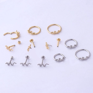 14-piece set of snake-shaped stainless steel body piercing jewelry in gold and silver