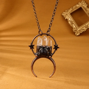 Vintage Copper Moon Star Pendant Necklace With Natural Amethyst White Crystal Pillars Mysterious Bohemian Jewelry For Women