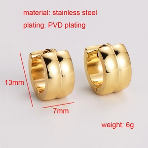 Polished gold stainless steel huggie earrings measuring 13mm by 7mm with PVD plating