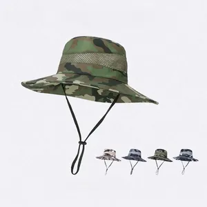 Men Camouflage Outdoor Sun Hat Wide Brim Breathable Mesh Polyester Boonie Hat For Fishing Hiking With Adjustable Windproof Rope