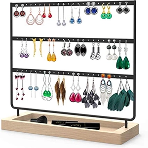Three-tier black metal earring organizer with 144 holes and natural wooden base tray