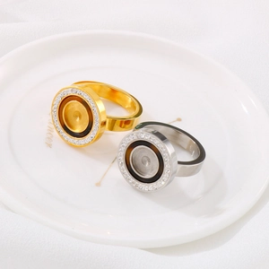 Modern stainless steel rings set in gold and silver colors with zirconia edge pave stones