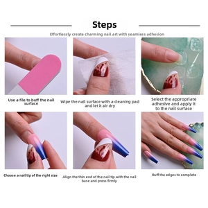Step-by-step tutorial for applying press-on nails with blue-pink gradient and tool kit