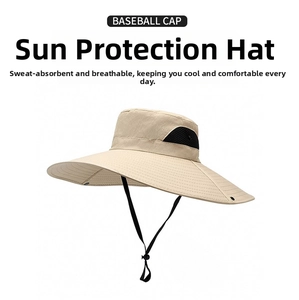 Detail of khaki sun hat featuring breathable mesh side panels and adjustable chin cord