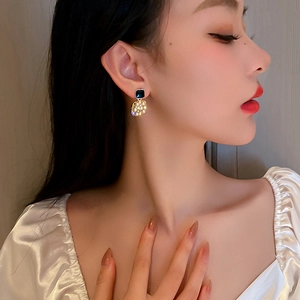 Elegant gold square stud earrings with dark gem and sparkling rhinestone pendants for women