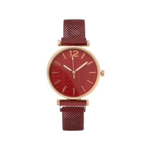 Elegant women's quartz watch with red leaf-textured dial and Milanese mesh magnetic band