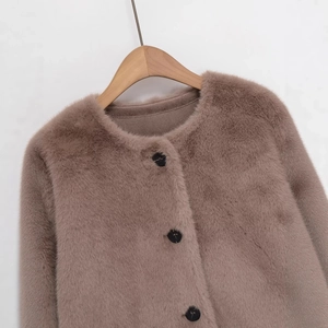 Short faux fur jacket in light brown with round neck and buttons for autumn winter style