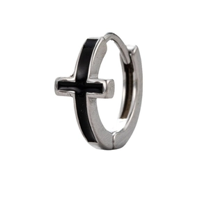 Men's silver stainless steel hinged huggie earring featuring a black enamel cross design