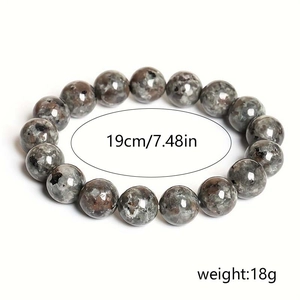 Detail of 8mm natural stone beaded bracelet showing 19cm length and 18g weight specs