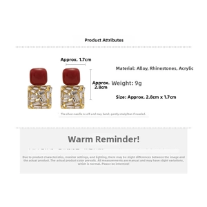 Detailed view of Ancora red acrylic square stud earrings with rhinestone size 2.8x1.7cm