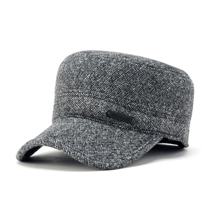 Winter men's grey herringbone cadet cap with warm fleece lining and windproof ear protection