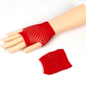 Short red fishnet fingerless gloves made of elastic mesh for sexy punk style accessory