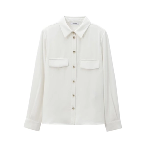 Elegant Women White Blouse Shirt Long Sleeve Padded Shoulders Polyester Crepe Single Breasted Metal Buttons Pocket Casual