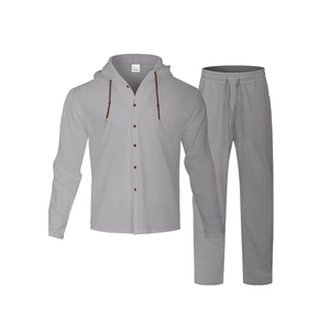 Men's grey cotton linen two-piece set featuring hooded button shirt and drawstring pants