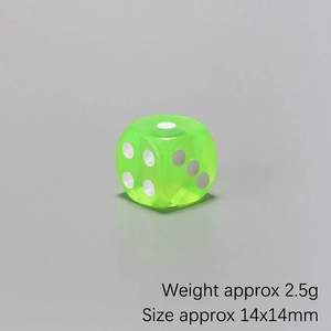 Macro detail of 14mm fluorescent green resin dice with 2.5g weight and white dots