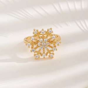 Luxury Copper Snowflake Adjustable Ring With Zirconia Gold Plated Geometric Opening Finger Ring Jewelry Gift For Women