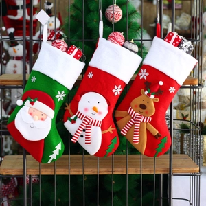 Large Knitted Christmas Stocking With Santa Snowman Reindeer Applique White Plush Trim Festive Gift Bag For Xmas Tree Fireplace Decor