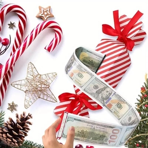 Christmas surprise money pull box with festive candy cane stripes and dollar roll set