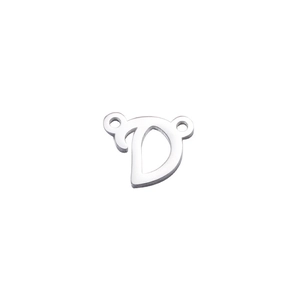 Macro shot of silver mirror-finish stainless steel letter D charm with double connectors