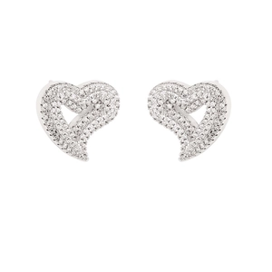 Sparkling silver heart stud earrings with full cubic zirconia pave setting for women