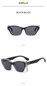 Front and side view of stylish square black-transparent color-block sunglasses frames