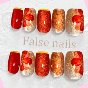 Press On Nails Cat Eye Red Flower Design Gold Edge Short Square False Nails Shimmering Handcrafted Elegant For Women