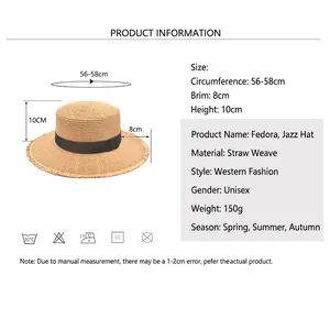Breathable straw Panama hat with black ribbon and dimensions 56-58cm for sun protection
