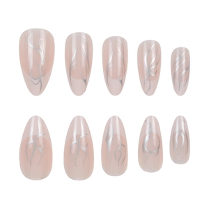 French almond press-on nails with silver tribal flame lines on nude pink base
