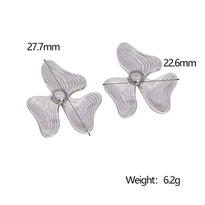 Detail view of silver triple petal flower earrings with dimensions 27.7mm and 6.2g weight