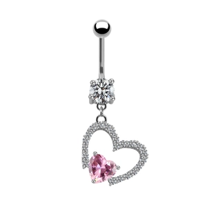 Pink heart belly button ring with silver plating and cubic zirconia dangles
