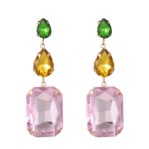 Three-tier teardrop geometric earrings with green, yellow, and pink colorful crystals