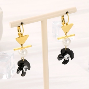 Gold titanium steel spiral flower earrings with pearls and black resin petals