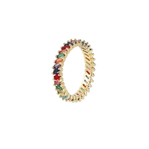 Close-up of a 18K gold-plated ring with rectangular multi-color rainbow cubic zirconia