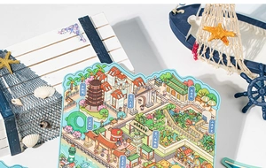 Detailed view of hand-drawn Xiamen city landmark 3D stickers with ocean theme props