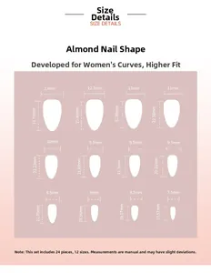 Size details chart for almond shape press-on nails featuring 24 pieces in 12 sizes