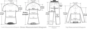 Size guide with measurement instructions for shirts, dresses, pants, and tops