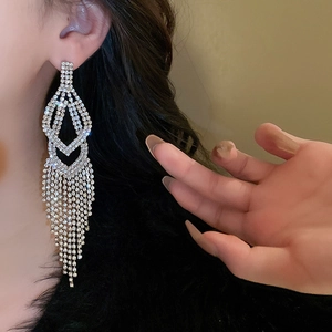 Macro shot of silver-colored tassel earrings with sparkling rhinestones on model