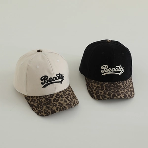 Kids leopard print baseball caps with Beooty embroidery in beige and black colors