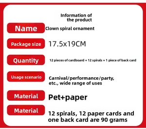Detail specifications of 24-piece joker carnival spiral hanging decorations for party ceiling