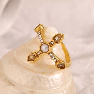 Vintage 18K gold plated stainless steel cross ring with pearl and zircon inlay