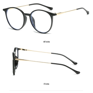 Detail view of round frame glasses in black and gold with 45 and 0 degree side perspectives